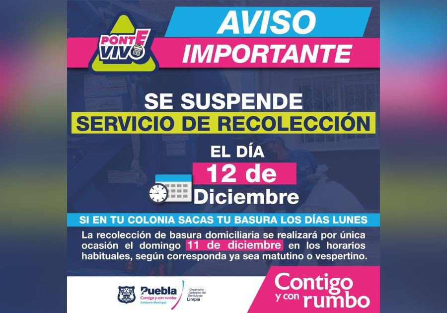 Suspenderán recolección de basura el 12 de diciembre en Puebla capital