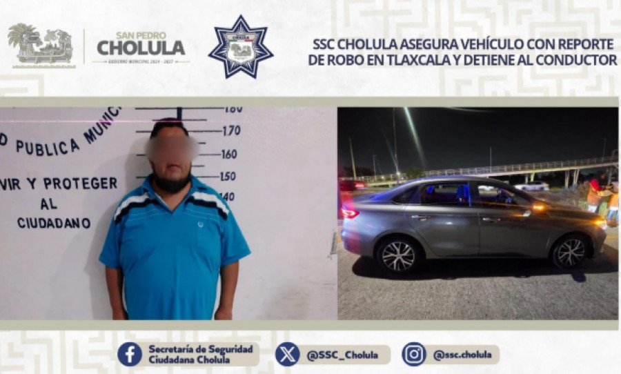 SSC Cholula asegura veh&iacute;culo con reporte de robo en Tlaxcala y detiene al conductor