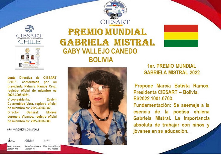 Gaby Vallejo Premio Mundial Gabriela Mistral 2022 CIESART – Chile