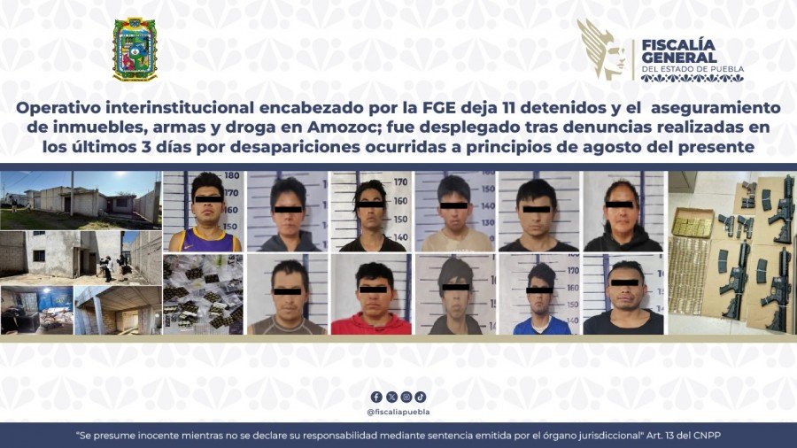 Operativo interinstitucional deja 11 detenidos y el aseguramiento de inmuebles, armas y droga en Amozoc