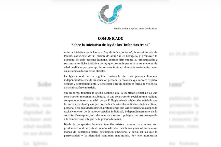 Arquidi&oacute;cesis de Puebla rechaza iniciativa sobre "infancias trans" y pide abrir debate con especialistas