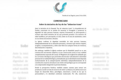 Arquidi&oacute;cesis de Puebla rechaza iniciativa sobre "infancias trans" y pide abrir debate con especialistas