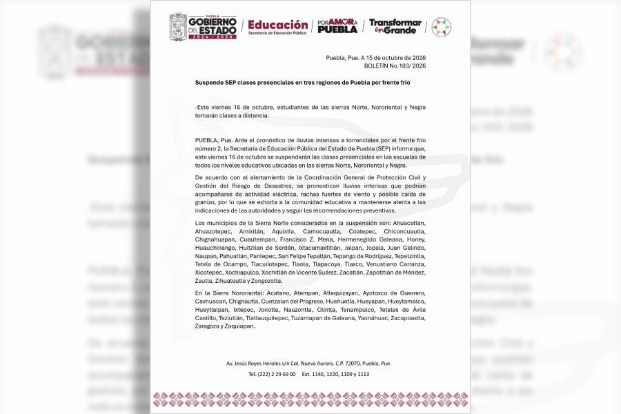 Suspende SEP clases presenciales en tres regiones de Puebla por frente fr&iacute;o