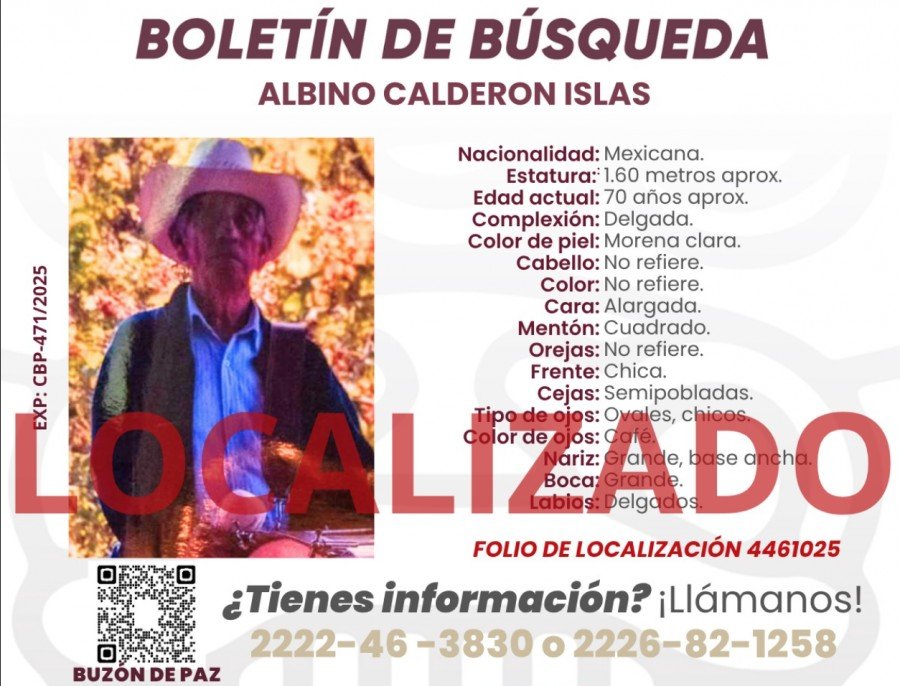 Comisión de Búsqueda localiza sin vida a Albino Calderón Islas en Naupan