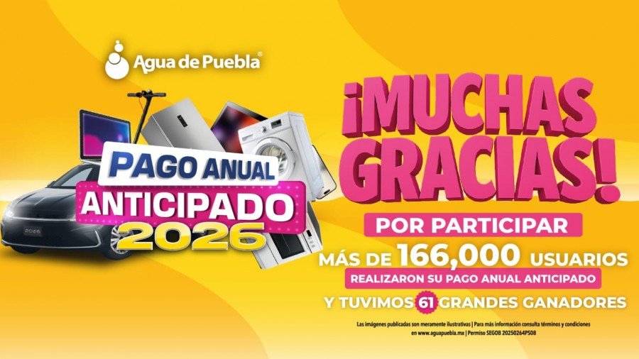 Con el Sorteo de 60 premios, Agua de Puebla reconoce a más de 166 mil usuarios que realizaron su Pago Anual Anticipado