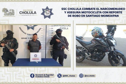 SSC Cholula combate el narcomenudeo y asegura motocicleta con reporte de robo en Santiago Momoxpan