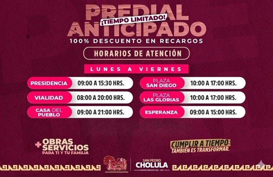 &Uacute;ltima semana de m&aacute;ximos descuentos en el Predial en San Pedro Cholula