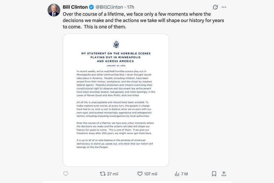 Expresidente Bill Clinton llama a &ldquo;alzarse&rdquo; tras redadas del ICE y muertes en EE. UU.