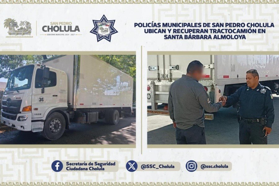 Polic&iacute;as Municipales de San Pedro Cholula ubican y recuperan tractocami&oacute;n en Santa B&aacute;rbara Almoloya