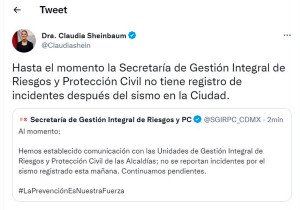 &#039;Todo en calma hasta el momento&#039;, dice Sheinbaum tras sismo