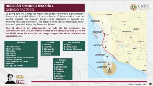 Sheinbaum llama a extremar precauciones en Jalisco, Colima, Michoac&aacute;n y Nayarit por el hurac&aacute;n Sim&oacute;n