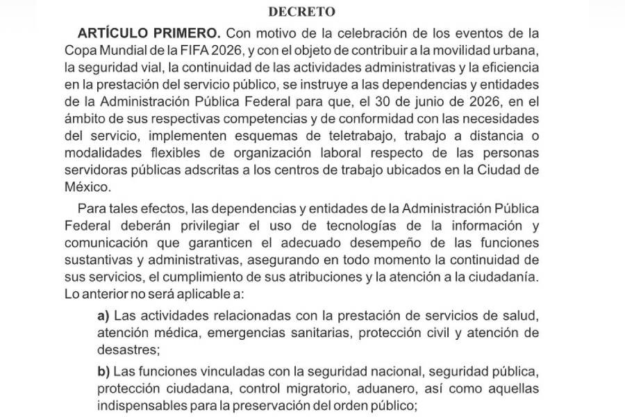 Gobierno federal decreta home office para bur&oacute;cratas en CDMX por partido de M&eacute;xico en el Mundial