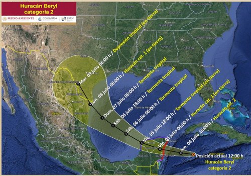 Se degrada hurac&aacute;n Beryl a categor&iacute;a 2 mientras se desplaza hacia la Pen&iacute;nsula de Yucat&aacute;n