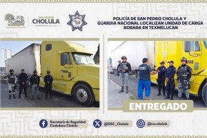 Polic&iacute;a de San Pedro Cholula y Guardia Nacional localizan unidad de carga robada en Texmelucan