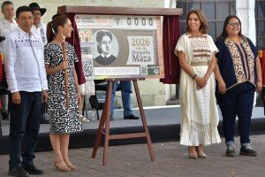 Devela la Presidenta Claudia Sheinbaum billete de Loter&iacute;a que rinde homenaje a Margarita Maza